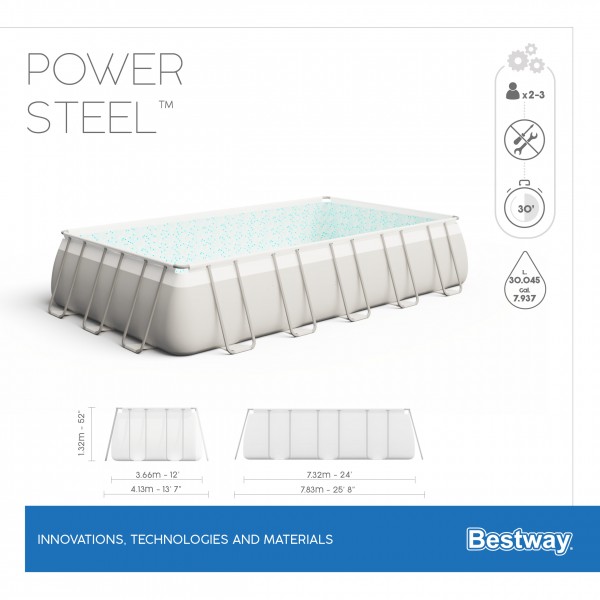 Bestway 56474 BW Каркасный бассейн Power Steel 732х366х132см, 30045л, фил.-насос 9463л/ч, лестница, тент, попл.-доз.